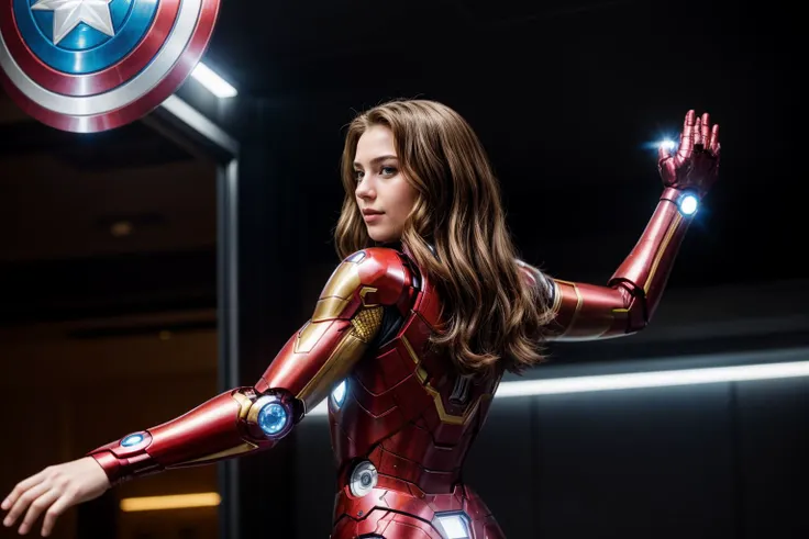 marvel movies,from side and behind,photo of a 18 year old girl,ironman,dancing,happy,looking at viewer,nice hands,perfect hands,...