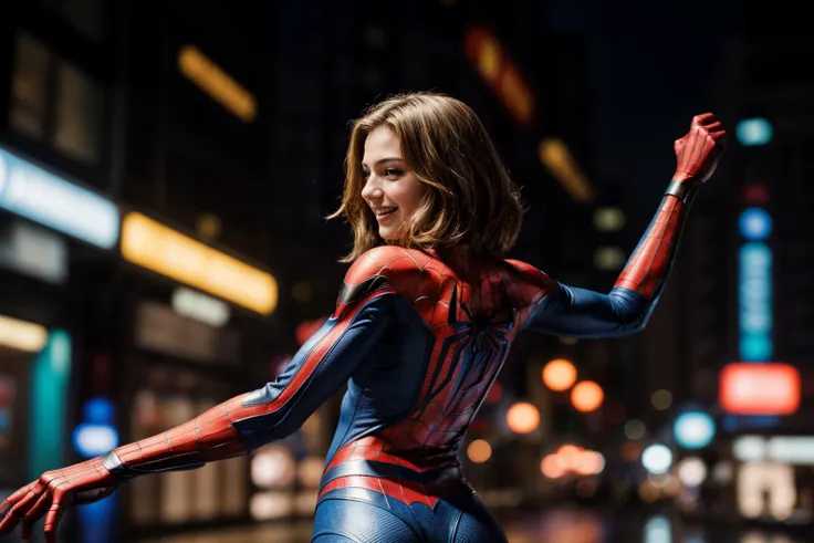 marvel movies,from side and behind,photo of a 18 year old girl,spiderman,dancing,happy,looking at viewer,nice hands,perfect hand...