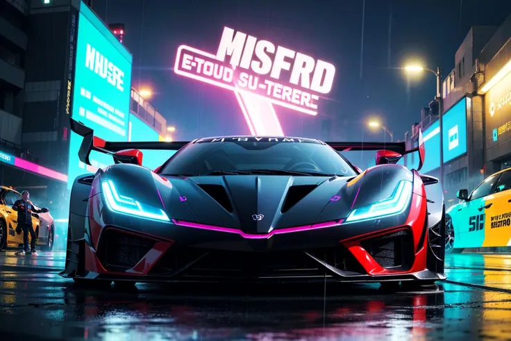 (digital artwork), EV Super car, wide body kit, modified car, racing livery, raining
masterpiece, best quality, realistic, ultra highres, depth of field,
(full dual colour neon lights:1.2), (hard dual colour lighting:1.4), (detailed background), (masterpie...