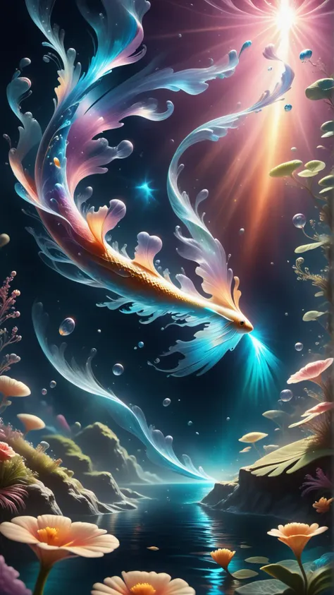 a painting of a fish floating in the water with flowers