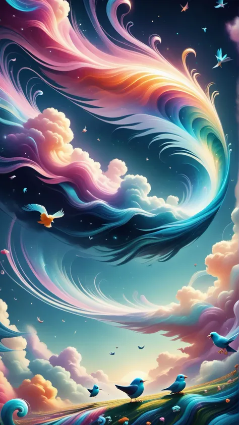 a painting of a colorful swirl in the sky with birds flying around