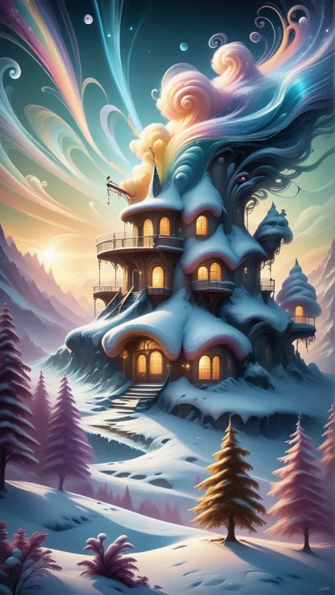 a painting of a house in the middle of a snowy landscape