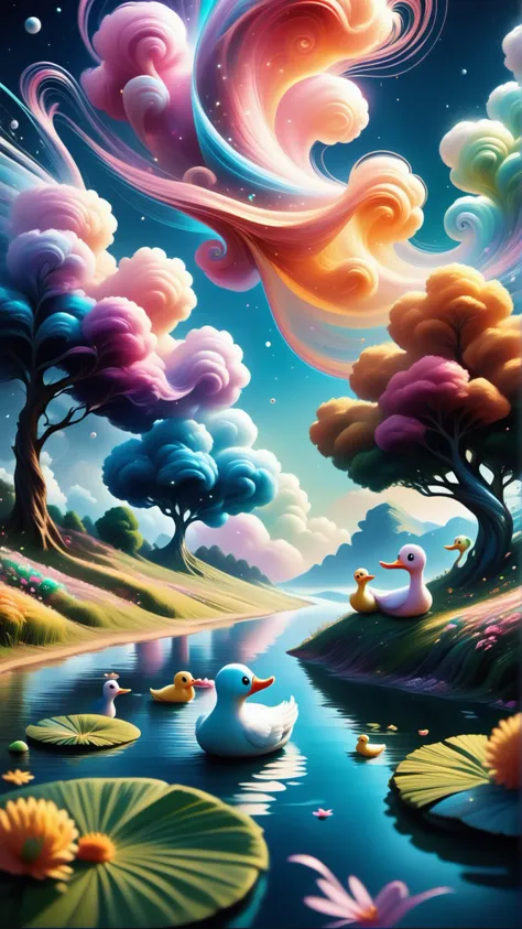 a painting of a pond with ducks and clouds in the sky