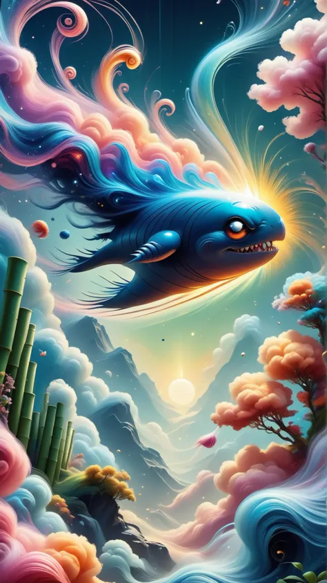 a painting of a blue whale flying through the sky