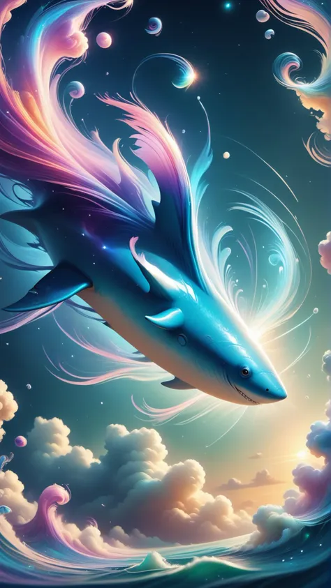 a painting of a shark with colorful hair flying through the air