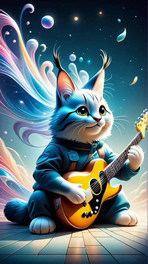 a close up of a cat playing a guitar on a tiled floor