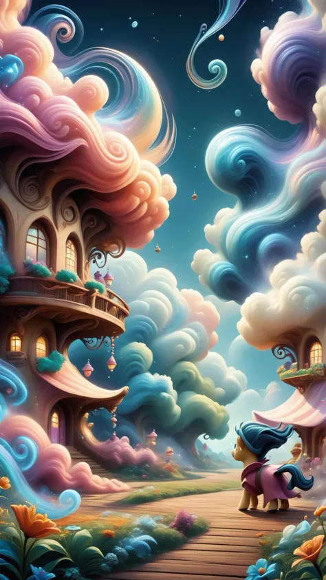 a cartoon picture of a little girl and her pony in a fantasy landscape