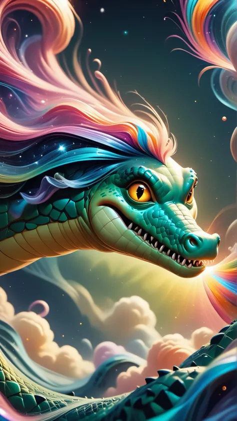 a dragon with colorful hair and a rainbow tail flying through the sky