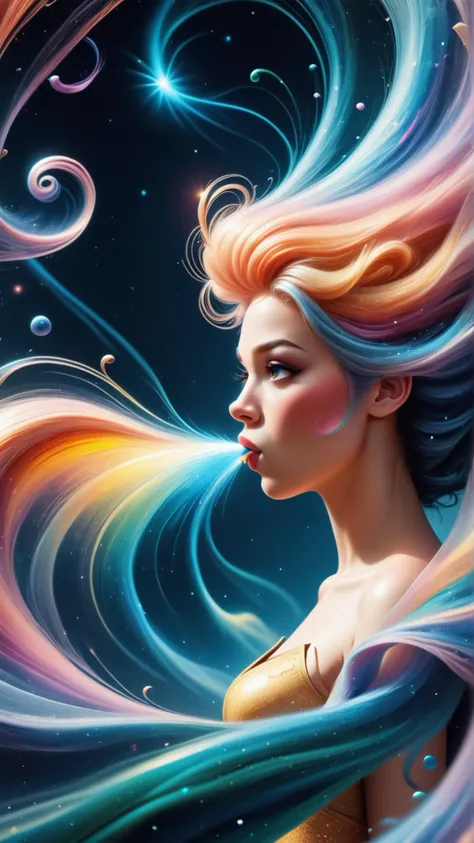 a woman with long hair and colorful hair is looking at the stars