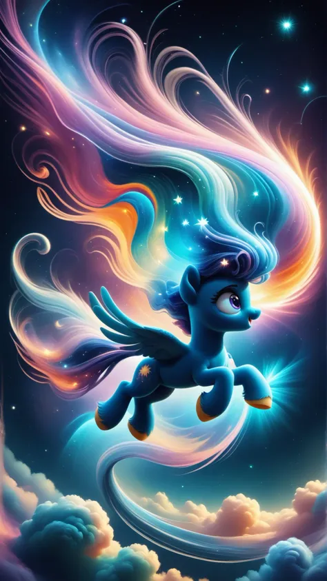 a cartoon pony flying through the sky with a rainbow tail