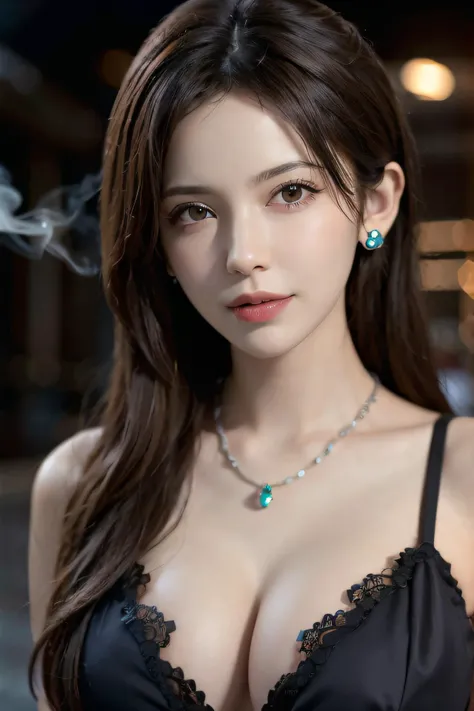 1girl, blurry, blurry_background, bokeh, breasts, breath, brown_eyes, brown_hair, cleavage, closed_mouth, collarbone, depth_of_field, earrings, jewelry, lips, long_hair, looking_at_viewer, necklace, realistic, smoke, solo, steam