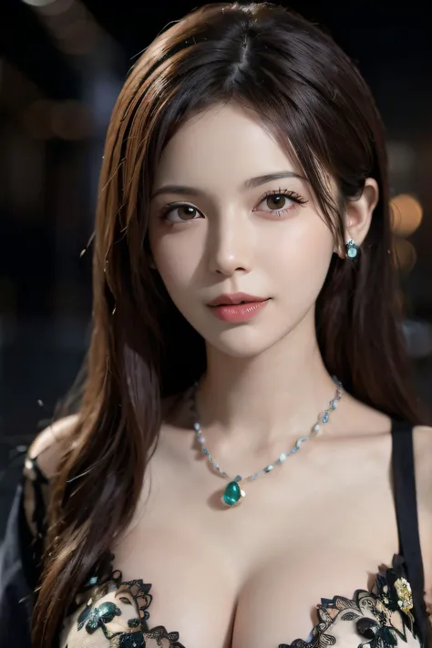 1girl, blurry, blurry_background, bokeh, breasts, breath, brown_eyes, brown_hair, cleavage, closed_mouth, collarbone, depth_of_field, earrings, jewelry, lips, long_hair, looking_at_viewer, necklace, realistic, smoke, solo, steam