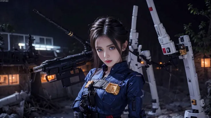 gundam(rx78), reika(gantz), reika(shortsuit),(8k, Best Quality, Masterpiece: 1.2), (Realistic, Photorealistic: 2.16), Super detailed, 1 girl, dark blue eyes, silver hair, cute, solo, beautiful face, dark eyes, looking at viewer, in the middle of the battle...