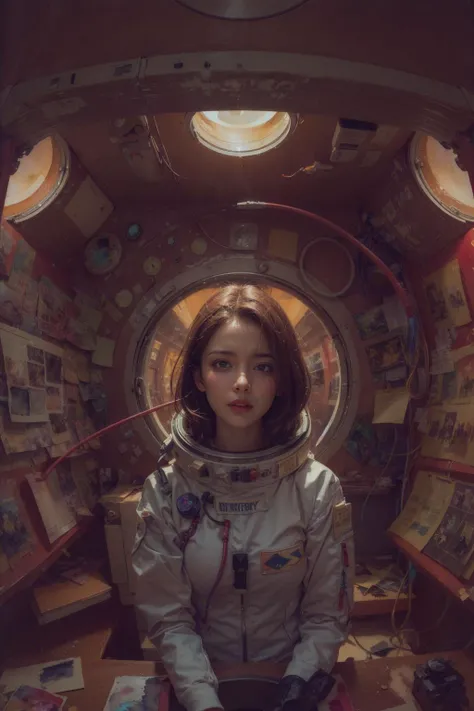 (masterpiece, top quality, best quality, extreme detailed, highest detailed, official art, beautiful and aesthetic:1.2), colorful, cowboy shot, beautiful face, solo, perfect body, 1girl, in space, spacecraft, spacesuit, sun rays, indoors, (wires and cables...