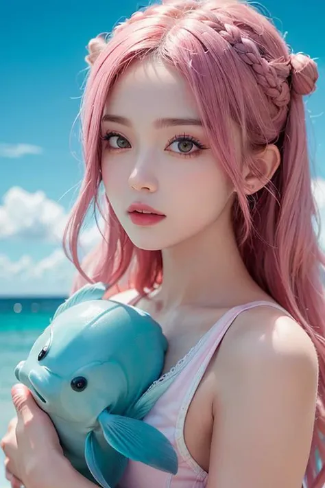 a girl with fish on her hair in the ocean, in the style of kawaii aesthetic, photorealistic scenes, light pink and dark aquamarine, i cant believe how beautiful this is, dark azure and pink, shiny/glossy, exaggerated facial features