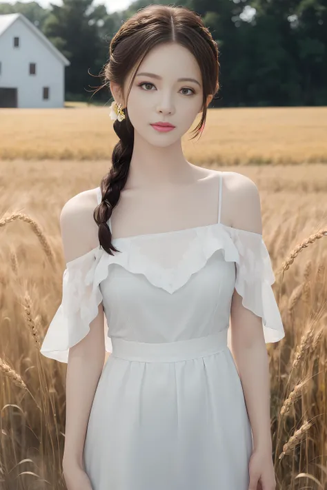 1girl dressed in a cute, country-style black dress with braided hair, standing in a rustic farm setting. She wearing off shoulder flower dress, playing, She has a soft, gentle smile and expressive eyes. The background features a charming barn, fields of go...