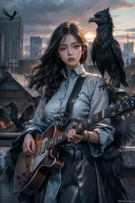 ((parallel world:1.1)), (1girl:1.4), ((guitar:1)),(a girl standing on top of a building next to a black crow, 2d cinematic, rending on cgsociety, band playing, black crow at her feet, the girl plays the guitar, playable trailer, the metaverse, main charact...