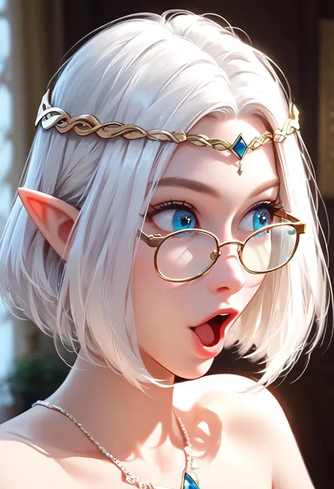 score_9,score_8_up,score-7,easynegative white hair, bob haircut, blue eyes, fancy golden eye glasses, cute face, elf, forehead circlet, looking to the side,pog,open mouth, portrait