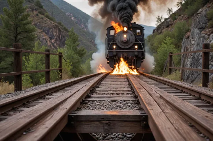 cinematic film still horror photo realistic detailed.
train falling from wooden bridge into valley, burning carrier 
accident, horror, dramatic scene 
 . shallow depth of field, vignette, highly detailed, high budget, bokeh, cinemascope, moody, epic, gorge...