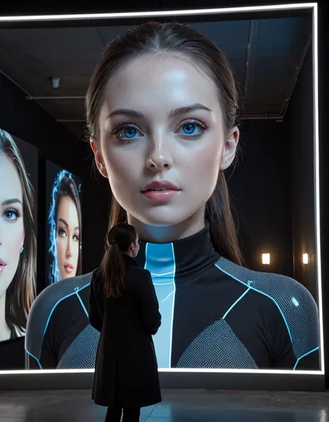 A man stands observing a massive holographic projection of a womans face and upper body in a futuristic setting. The hologram emits a cool blue light, casting a serene glow over the spacious, minimally designed room. The womans expression is contemplative....