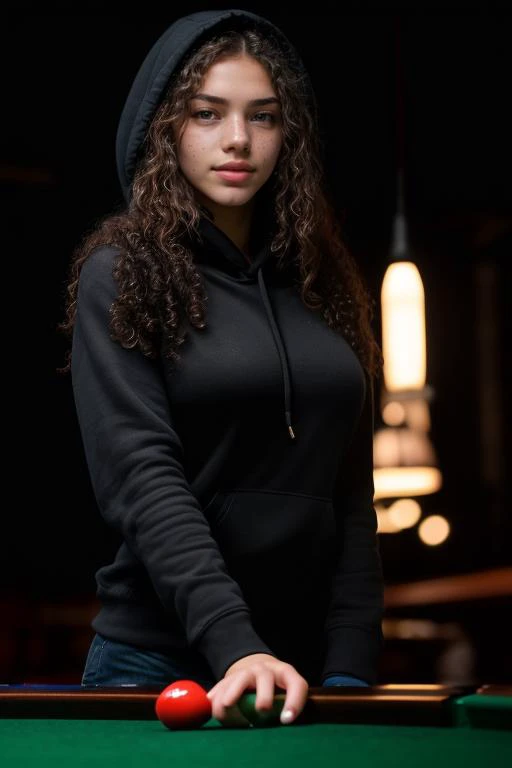 Merger_kaye_ventimind,
(playing snooker in a dark atmospheric pool hall wearing casual clothing and a hoodie, atmospheric, snooker, cue, playing snooker, leaning over the table:1.2),
bokeh, f1.4, 40mm, photorealistic, raw, 8k, textured skin, skin pores, in...