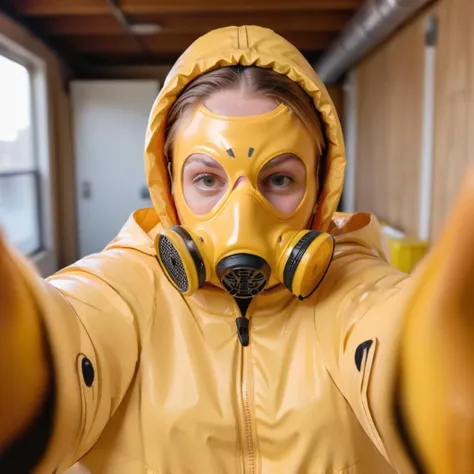 arafed woman in a yellow gas mask and yellow jacket