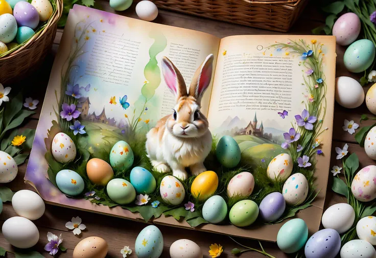 cinematic film still fairy tale cinematic film still , beautiful, artistic, detailed fur, realistic Photo adorable easter bunny, beatrice potter, storybook painting, delicate, surrounded by colorfully decorated eggs in a spring meadow, beautiful detailed s...