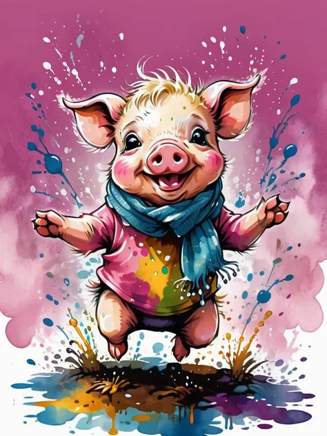 comic a cute baby piggy wearing knitted scarf, jumping splashing in a colorful puddle <lora:SDXLInkStains:0.6> Inkstains, <lora:xl_more_art-full_v1:0.7>. sharp focus, graphic illustration, comic art, graphic novel art, vibrant, highly detailed