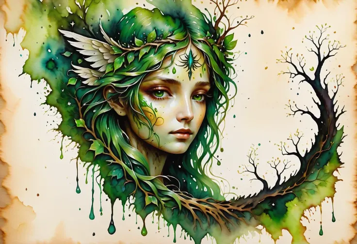 hyper detailed masterpiece, dynamic, awesome quality, Inkstains angel, female nature spirit, bark like woody skin texture, leafy viney hair and attire, serene or ethereal expression, green earthy coloration, nature infused eyes, associated trees, embodimen...