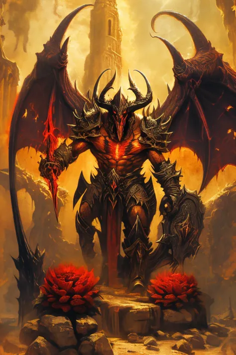 a painting of a demon with horns and a sword standing in front of a castle