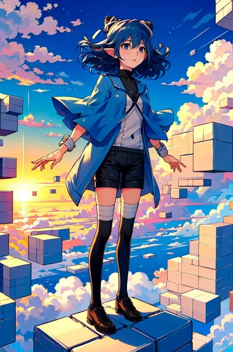 <lora:skyBlock:0.6> standSky,floating brick object,in high position,sky,above clouds,too many blocks,looking down,(((standing on floating block))),  <lora:RtPL-Serene:1> serene_(riviera), blue_capelet, white_coat, black_bodysuit, black_headwear, bandages, ...