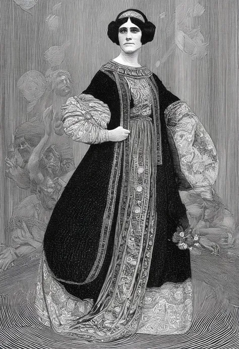 a black and white drawing of a woman in a dress