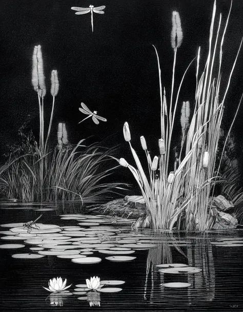 arafed image of a pond with water lilies and dragonflies