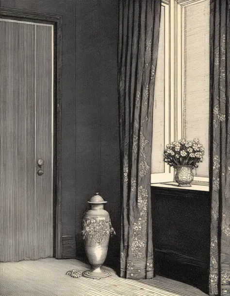 there is a vase sitting in front of a window with curtains