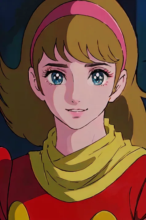 a close up of a cartoon girl with a red shirt and yellow scarf