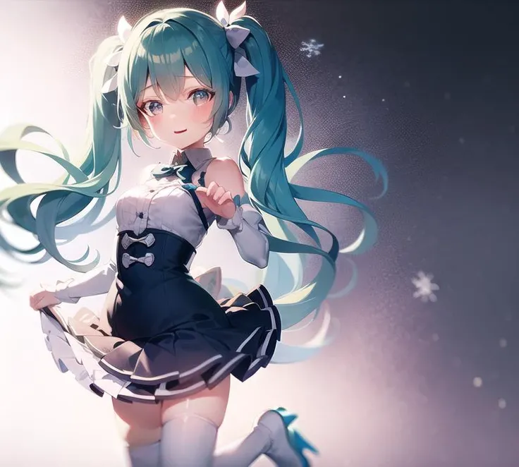 8k, masterpiece, best quality, ((solo)), (((1girl))),blue hair,  <hatsune miku:0.6>,petite, yume kawaii,blush, shy,( white thighhighs), light smile, aqua eyes,princess,snow, snowflakes,((blue footwear)), gem, bow, tunic,