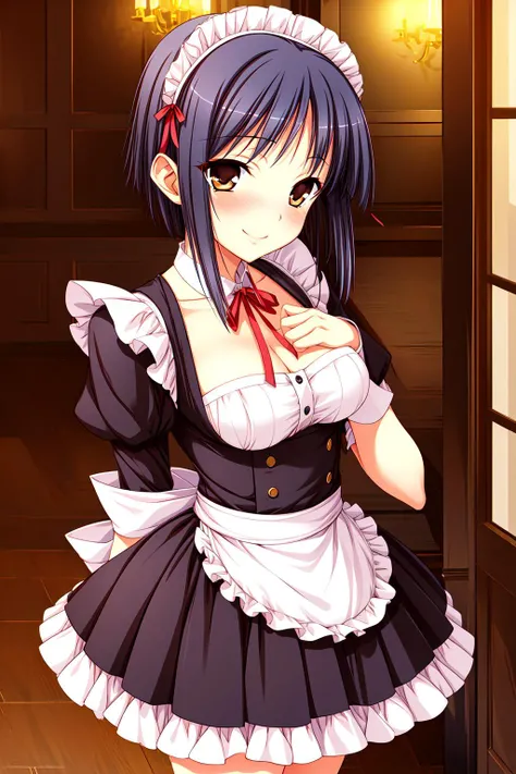 masterpiece,best quality,1girl,Fujikura Yu,maid,purple hair,brown eyes,ribbon,short hair,frills,smile,blush,standing,luxury villa interior,<lora:Fujikura Yu_20230719054959:0.7>, <lora:Concept-control tool-add_detail-CyberAIchemist:1>