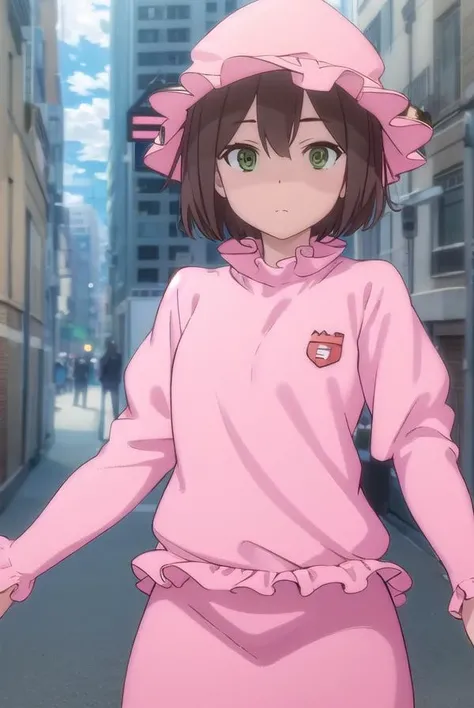 rinazuma, <lora:rin azuma hnu-lora-nochekaiser:1>,
rin azuma, short hair, brown hair, (green eyes:1.3),
BREAK hat, frills, dress, pink dress, pink hat, long sleeves, puffy sleeves, skirt, pink skirt,
BREAK outdoors, city, sun, clouds,
BREAK looking at view...