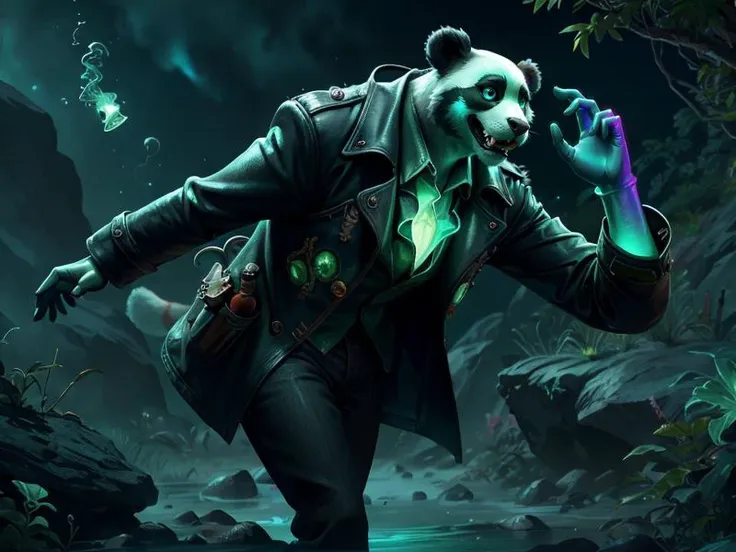 a panda bear in a black jacket and green eyes is walking through a forest