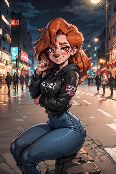 furry anthro, roxanne, dog girl, solo, body fur, (best quality), (cute pose:1.2), smile, looking at viewer, blush, outdoors, small breasts, octane render, romantic lighting, (detailed fluffy fur), mole, black hoodie, blue jeans, skate shoes, beanie, city b...