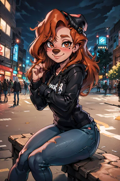 furry anthro, roxanne, dog girl, solo, body fur, (best quality), (cute pose:1.2), smile, looking at viewer, blush, outdoors, small breasts, octane render, romantic lighting, (detailed fluffy fur), mole, black hoodie, blue jeans, skate shoes, beanie, city b...