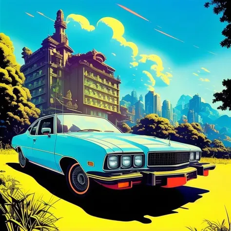 A clean 1980 scene of a retro car parked (in front of an hotel), viby, art by rzvice-15 trending on Instagram, featured on Behance, well-rendered, intricate, sharp focus, Unreal Engine 5, detailed illustration, ambient lighting, art by artgerm and greg rut...