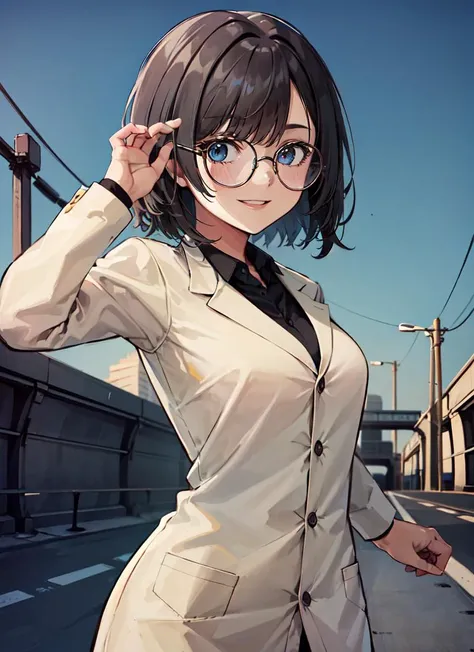 anime girl in glasses standing on a street corner with a city in the background