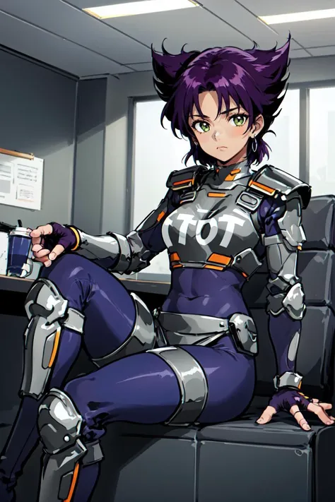 (masterpiece, best quality, detailed), 1girl, solo, closed mouth, office, room, indoors, konoko, shoulder armor, armor, bodysuit, breastplate, clothes writing, fingerless gloves, knee pads, boot <lora:KonokoOniV1_7-MIX3:1> ,  flat color, colorful, (sitting...