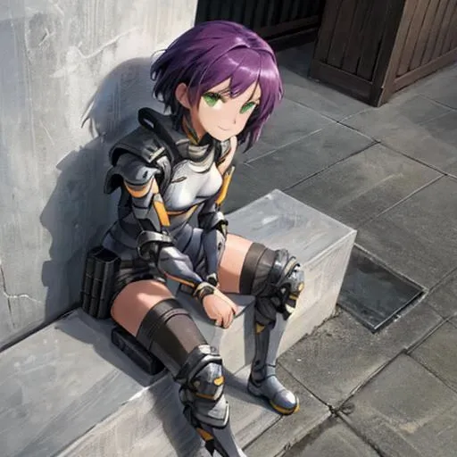 (masterpiece, best quality, detailed), 1girl, solo, smile, closed mouth, looking at viewer, sitting, knee up, against wall, from above, full body outdoors, cyberpunk, alley, night, konoko, bodysuit, shoulder armor, boots, knee pads <lora:OniGame_KonokoV1_7...