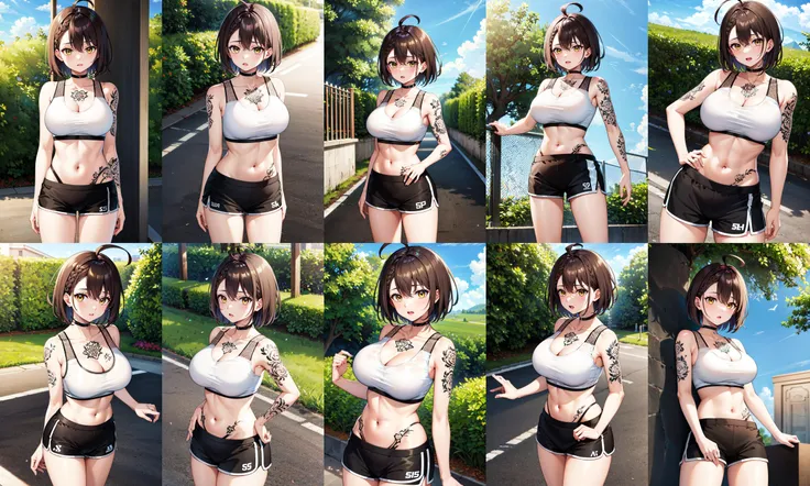 masterpiece, best quality, highres, ccbalti, short hair, ahoge, french braid, tattoo, black choker, bare shoulders, cleavage, white sports bra, white shirt, midriff, black shorts, short shorts, <lora:baltimore_v1:0.7>, standing, cowboy shot, outdoors