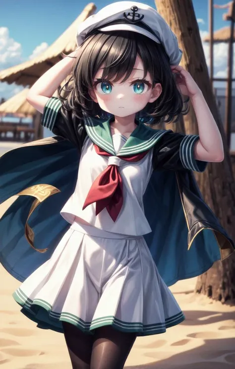 anime girl in sailor outfit standing on beach with hat on