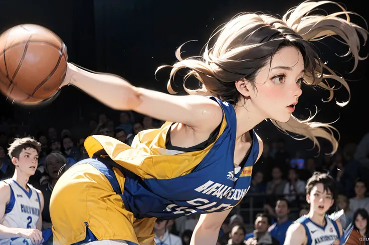 arafed girl in a blue and yellow uniform is playing basketball