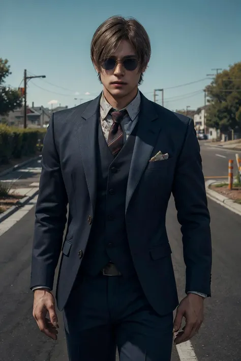 masterpiece,best quality,highres,hyper detailed,<lora:sxz-leon:0.6>,re4leon,1boy,solo,realistic,cowboy shot,wearing suit,sunglasses,athletic,looking down,road sign,outdoors,