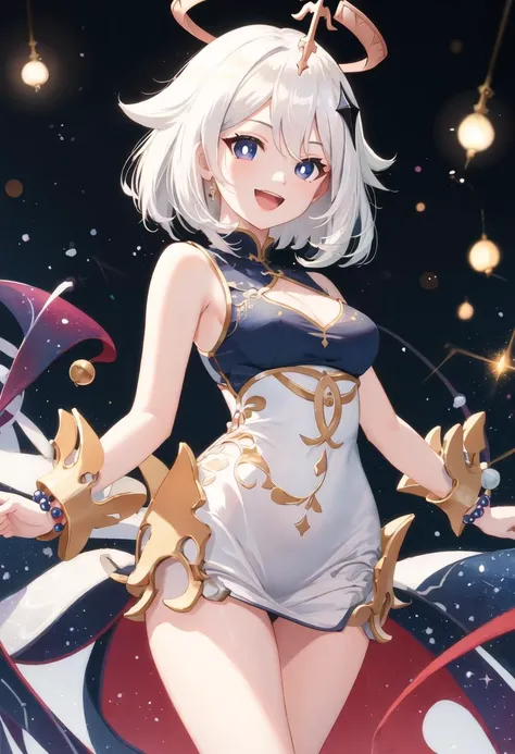 best quality, masterpiece, highres, solo, {paimon_genshin:0.90}, bare_shoulders, bead_bracelet, beads, china_dress, chinese_clothes, dress, jewelry, looking_at_viewer, sleeveless, sleeveless_dress, bracelet, smile, medium_breasts, thighs, cowboy_shot, :d, ...